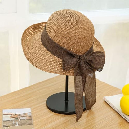 Women Straw Sun Hats Wide Brim Ribbons Roll Up Bucket UPF 50+ Foldable Floppy Sun Hat with Strap UV Protection Summer Beach - color: Khaki