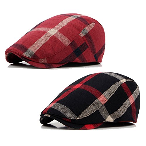 2 Pack Men's Plaid Cotton Flat Newsboy Ivy Cabbie Golf Gatsby Cap Hat - color: Red-black