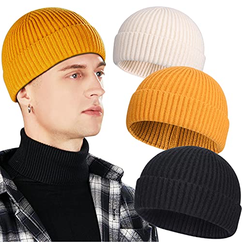 3 Pack Wool Fisherman Beanies for Men, Short Knit Watch Cap Cuffed Hats - color: I-black, Yellow, Beige