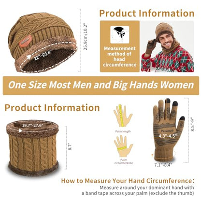 MAYLISACC Winter Knit Beanie Hat Neck Warmer Scarf and Touch Screen Gloves Set 3 Pcs Fleece Lined Skull Cap for Men Women - color: Khaki--3 Pcs--(hat+scarf+gloves)