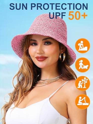 Womens Sun Hat Handmade Crochet Straw Bucket for Summer Foldable Travel Cap - color: Beige & Rose