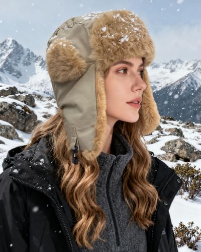 Croogo Faux Fur Trapper Hats with Ear Flaps Aviator Hat for Cold Weather Outdoor Ski Cap Black Ushanka Hat for Men Women - color: Pl2406-beige