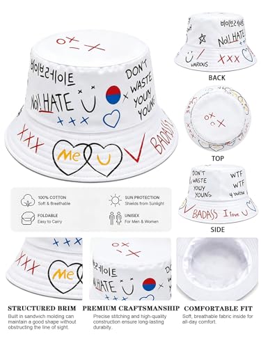 Packable Reversible Printed Bucket Hat Unisex for Men Women Beach Fisherman Cap - color: White-3