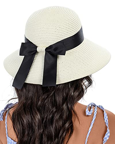 Sun Straw Hat for Women with Wind Lanyard Wide Brim Foldable Beach Summer Hats Womens UV 50+ Protection Bowknot Cap - color: Beige