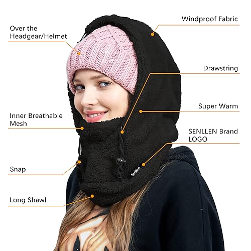 Senllen Balaclava Cold Weather Fleece Ski Mask Winter Thermal Sherpa Hood - color: Black
