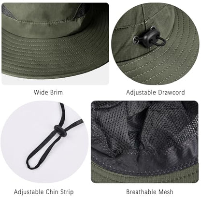 ZOORON Sun Hats for Men Women, Wide Brim Safari Hats UV Protection UPF50+ Waterproof Boonie Hats for Fishing Hiking Camping - color: 2pack-black+army Green