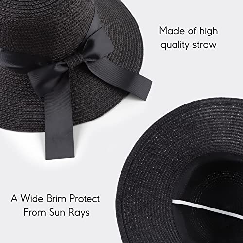 Zsedrut Women,Little Girls Straw Sun Hat Summer Beach Cap Foldable Visor Floppy Hats Wide Brim with Bowknot - color: Black, size: One Size