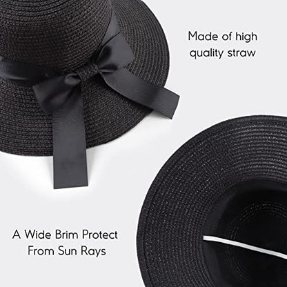 Zsedrut Women,Little Girls Straw Sun Hat Summer Beach Cap Foldable Visor Floppy Hats Wide Brim with Bowknot - color: Black, size: One Size