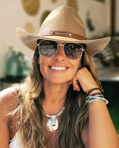 FURTALK Cowboy Sun Hats for Women Men Western Cowgirl Hats with Wind Lanyard Beach Hat - color: Khaki, size: Medium-Large