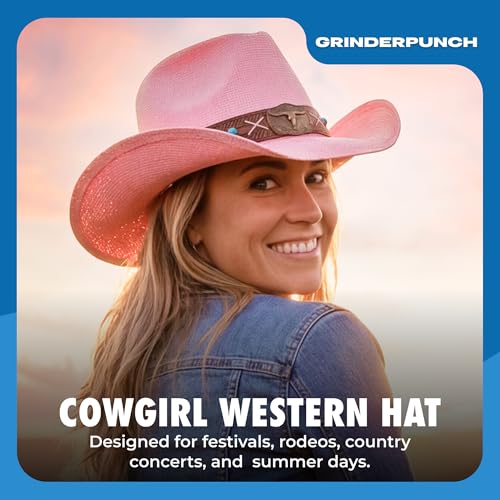 grinderPUNCH Straw Cowboy Hat for Men Women Western Cowgirl Outback Sun Hat - color: Pink