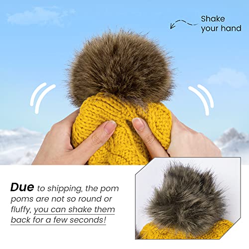 Arctic Paw Womens Winter Hat Cable Knit Beanie for Women Faux Fur Pompom Ears - color: Yellow Hat Coffee Ball