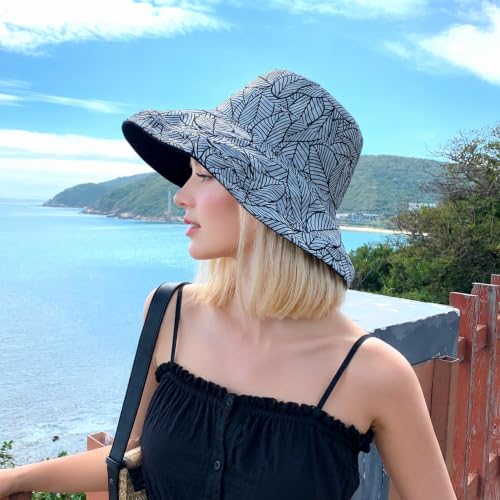 HUAMULAN Wide Brim Women Summer Sun Floppy Hat Reversible Beach Bucket Hat - color: M2246-black