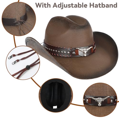 WQWOVRVO Cowboy Hat,Cowgirl hat,Brown Cowboy Hats for Women/Mens Straw Wide with Shapeable Brim Western Cowboy Hat for Womens - color: Dark Brown