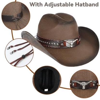 WQWOVRVO Cowboy Hat,Cowgirl hat,Brown Cowboy Hats for Women/Mens Straw Wide with Shapeable Brim Western Cowboy Hat for Womens - color: Dark Brown