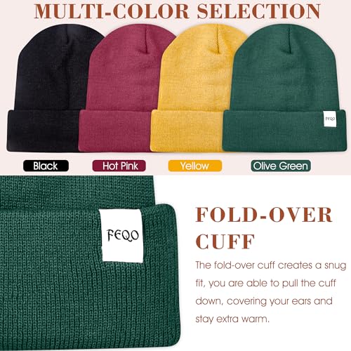 FEQO 4 Pack Satin Lined Winter Beanie Hats Soft Silk Lined Beanies - color: Black, Yellow, Olive Green, Hot Pink