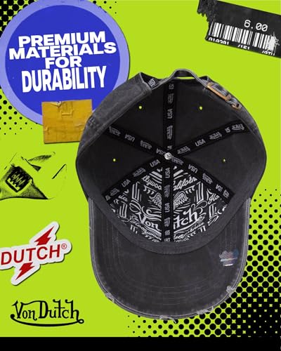 Von Dutch Unisex Cotton Canvas Baseball Cap, Curved Brim, Snapback - color: Black Distressed