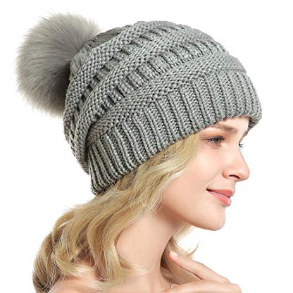 Women Knit Slouchy Beanie Chunky Baggy Hat with Faux Fur Pompom Winter Soft Warm Ski Cap - color: B3-soft Grey