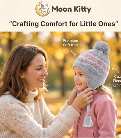 Moon Kitty Girls Knit Hats Winter Fleece Lining Skiing Winter Caps with Warm Ear Flap - color: Gray+pink, size: 6-10 Years