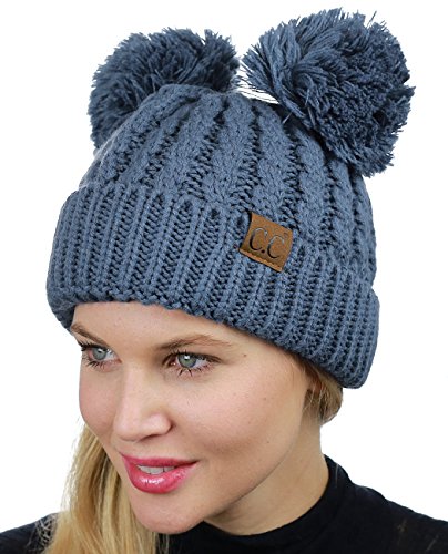 C.C 2 Ear Pom Pom Cable Knit Soft Stretch Cuff Skully Beanie Hat - color: Dark Denim