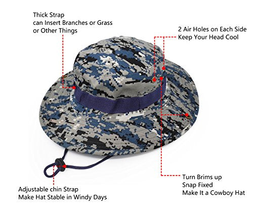 Outdoor Wide Brim Sun Protect Hat, Classic US Combat Army Style Bush Jungle Sun Cap for Fishing Hunting Camping - color: Blue Digital