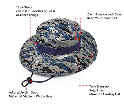 Outdoor Wide Brim Sun Protect Hat, Classic US Combat Army Style Bush Jungle Sun Cap for Fishing Hunting Camping - color: Blue Digital