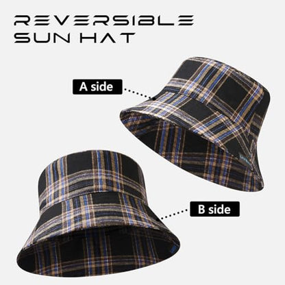 UPF 50+ Reversible Sun Hat - color: Black Plaid, size: Medium