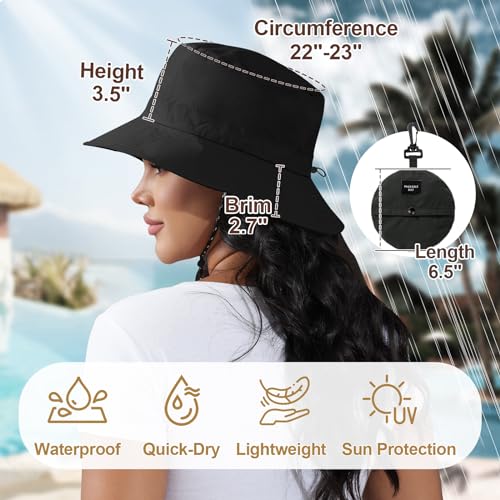 Packable Bucket Hat for Women Waterproof UV Protection Sun Hat - color: Black
