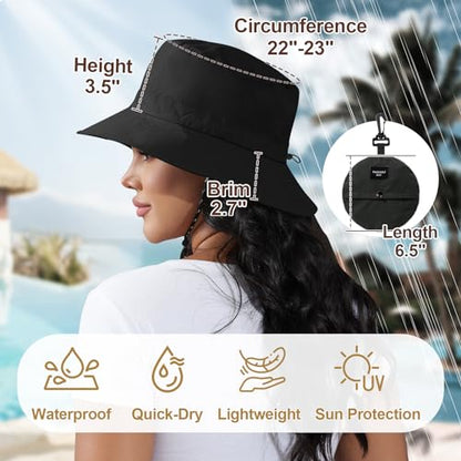 Packable Bucket Hat for Women Waterproof UV Protection Sun Hat - color: Black