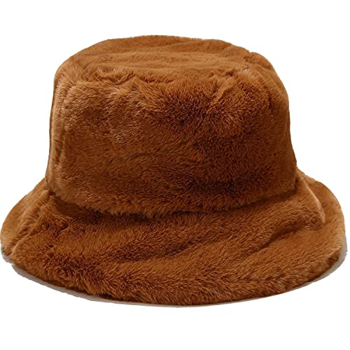 Winter Faux Fur Furry Bucket Hat Fluffy Fuzzy Warm Hat Plush Fisherman Hat for Women Men Teens Girls - color: A Caramel