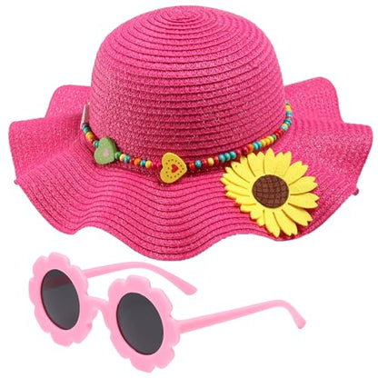 Girls Straw Hat with Flower Round Sunglasses, Summer Foldable Large Brim Sunflower Bowknot Beach Toddler Straw Sun Hat, 2-6T - color: Hot Pink