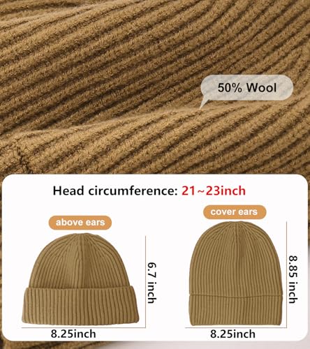 Wool Fisherman Beanies for Men Knit Fall Winter Beanie Hat Skull Cap - color: Khaki