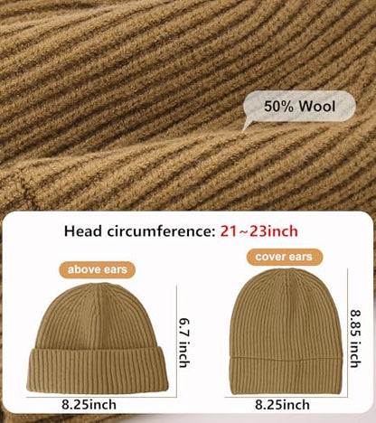 Wool Fisherman Beanies for Men Knit Fall Winter Beanie Hat Skull Cap - color: Khaki