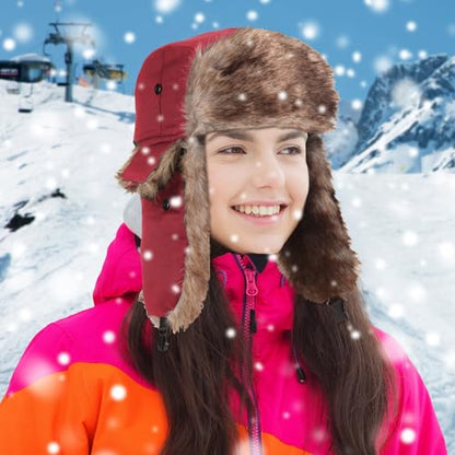 SATINIOR 1 Pcs Unisex Trapper Hat with Chin Strap Earflaps Hat - color: Red