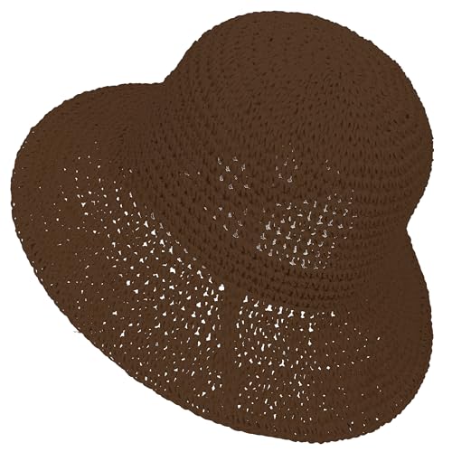 Womens Sun Hat Handmade Crochet Straw Bucket for Summer Foldable Travel Cap - color: Coffee