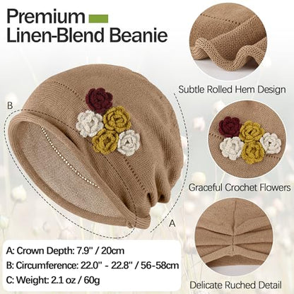 Ababalaya Breathable Cotton Linen Slouchy Beanie Hat for Women - color: Khaki