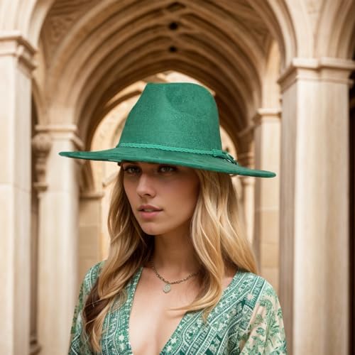 Fedora Hat for Men Women, Wide Brim Felt Panama Cap - color: Green