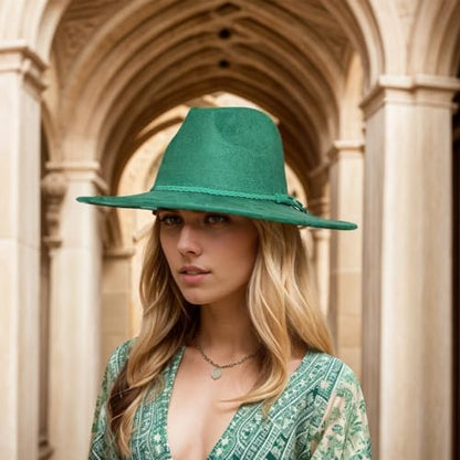 Fedora Hat for Men Women, Wide Brim Felt Panama Cap - color: Green