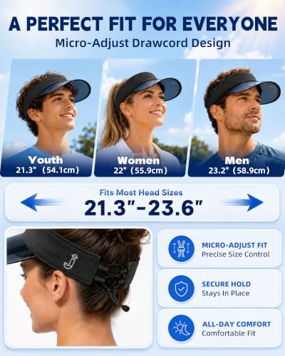Transparent Sun Visor Hat for Women Men - UPF 50+ Clear Brim Adjustable Drawstring for Golf Tennis Pickleball - color: Black