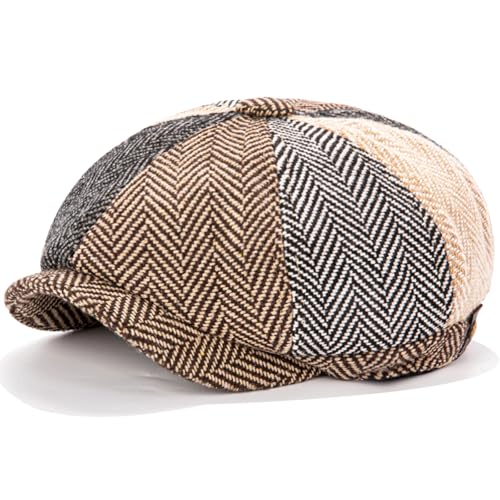 Men's Wool Newsboy Cap 8-Panel Tweed Taxi Hat Herringbone Gatsby Flat Hats - color: Multi-color