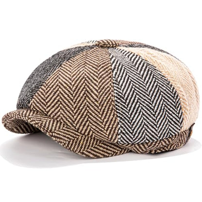 Men's Wool Newsboy Cap 8-Panel Tweed Taxi Hat Herringbone Gatsby Flat Hats - color: Multi-color