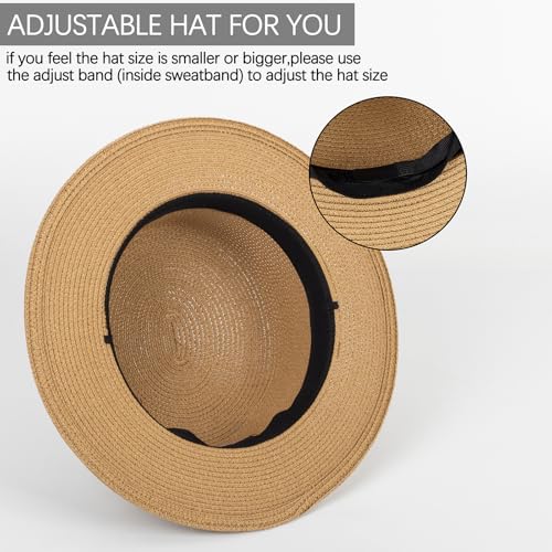 Straw Boater Summer Sun Hat - Wide Brim Fedora Panama Beach Hat for Women - color: Beige Band