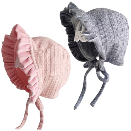 Lovely Baby Girl Bonnet Soft Ruffle Brimmed Newborn Baby Beanie - color: Pink+gray