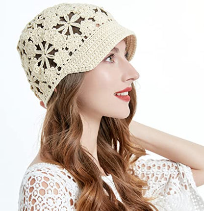 ZLYC Women Summer Slouchy Crochet Hat Handmade Cutout Skull Cap with Visor - color: Plain Beige, size: One Size