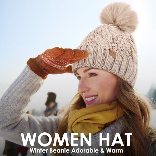 Women's Winter Pompom Beanie Warm and Cozy Knit Hat Fleece Lining Skull Cap for Women - color: Beige