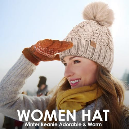 Women's Winter Pompom Beanie Warm and Cozy Knit Hat Fleece Lining Skull Cap for Women - color: Pink