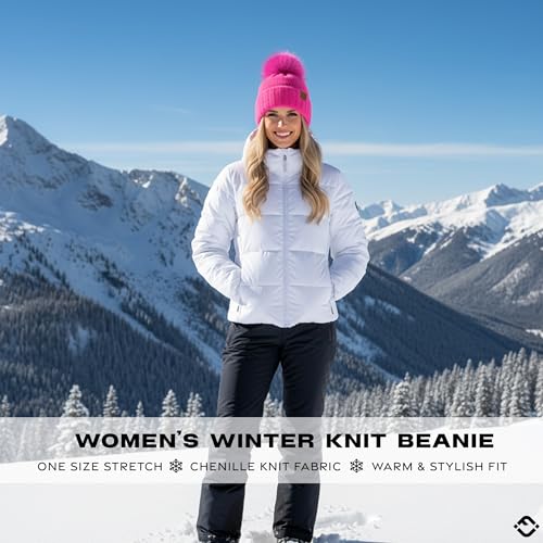 Funky Junque Beanie for Women Ultra Soft Chenille Faux Fur Pom Pom Winter Hats Warm Ski Cap Fashion - color: Hot Pink