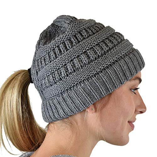 C.C Exclusives Soft Stretch Cable Knit Messy Bun Ponytail Beanie Winter Hat for Women (MB-20A) - color: Criss Cross Light Melange Gray