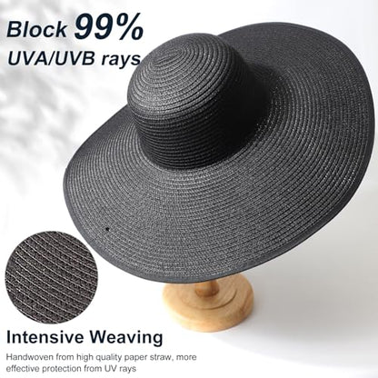 DRESHOW Big Straw Sun Hats for Women Floppy Foldable Roll up Beach Cap Sun Hat UPF 50+ Vacation Honeymoon Embroidered Hat - color: Medium Size: Black / Brim 5.5" (Head Circumference 22-22.8")
