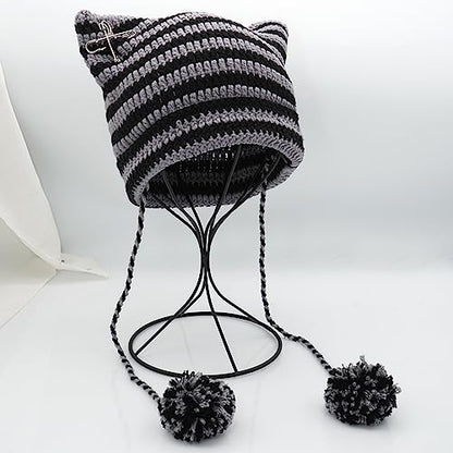 XYIYI Crochet Hats for Women Fox Knit Hat with Pompoms Grunge Goth Accessories Slouchy Beanies for Women Girls - color: Black Grey