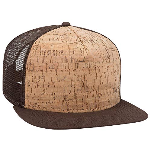 OTTO Cork Flat Visor SNAP 5 Panel Mesh Back Trucker Snapback Hat - color: D.brn/Cork/D.brn